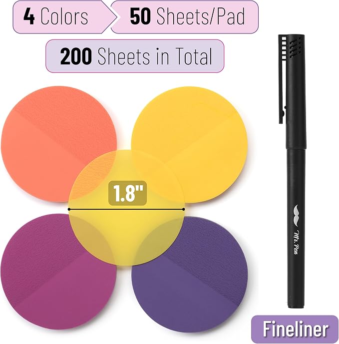 Mr. Pen- Round Transparent Sticky Notes, 1.8”, 4 Pads with Black Fineliner | 200 Sheets, Smooth Writing, Water-Resistant, Clean Removal, Easy-Peel Sticky Notes for Bible Journaling & Planning