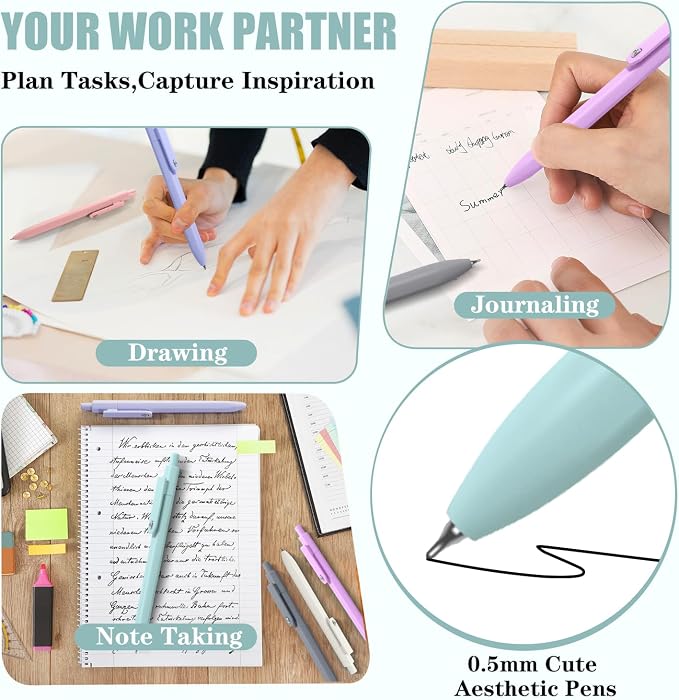 Piochoo Gel Pens, 8 Pcs 0.5mm Quick Dry Black Ink Pens Fine Point Journal Pens Smooth Writing Pens, Cute Office School Supplies Gifts for Women Nurses