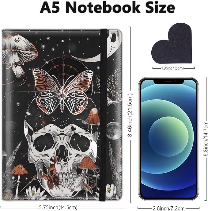 A5 Leather Lined Journal Notebook, 200 Pages Hardcover Executive Notebook for Office School Note Taking, Thick Writing Paper Daily Journal with Bookmarks/Indexes, Moth Skull Skeleton Moon Phase