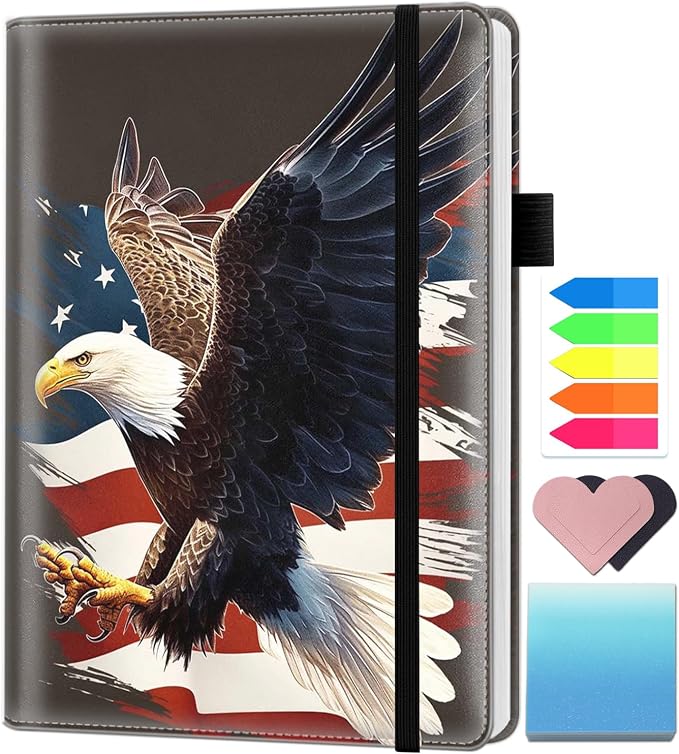 A5 Leather Lined Journal Notebook, 200 Pages Hardcover Executive Notebook for Office School Note Taking, Thick Writing Paper Daily Journal with Bookmarks/Indexes, American Flag Bald Eagle