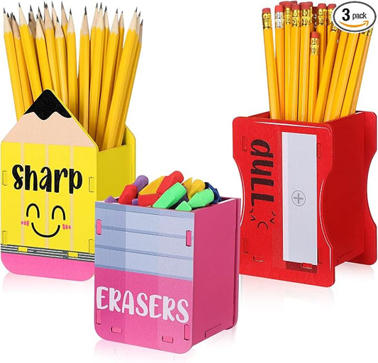 AmazingSpark 3 Pcs Pencil Shaped Holder Sharp and Eraser and Dull Holder Wooden Dispenser Pencil Storage Organizer for Back to School Management Organization (Bright,Erasers)
