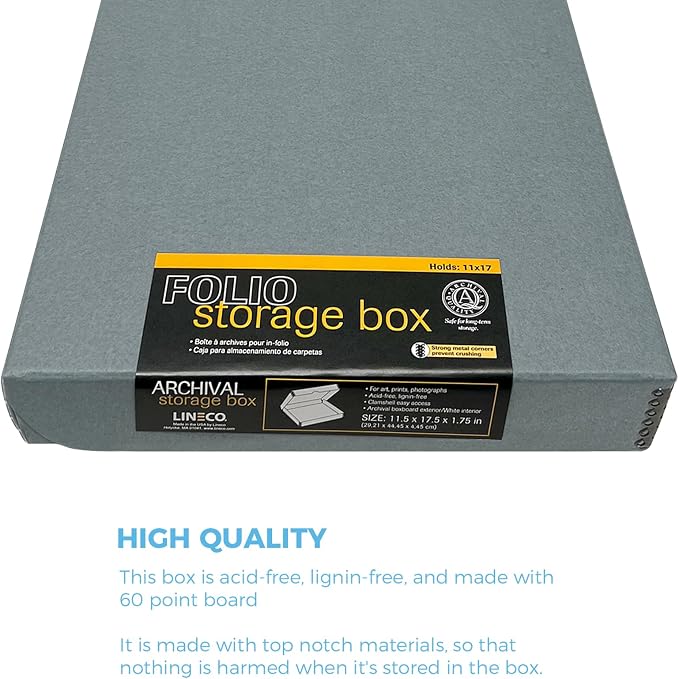 Lineco Clamshell Archival Storage Box, 11.5x17.5x1.75 Inch, Gray | Acid-Free with Metal Edge Boxboard, Organize and Store Photos Documents Cards Negatives Magazine Prints Family Records DIY