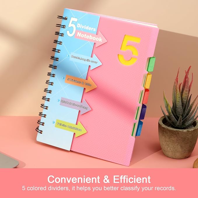 CAGIE 2 Pack 5 Subject Notebook, Small Spiral Notebook with Tabs | 6.1'' x 8.2'', A5 Spiral Notebooks College Ruled for Women, 240 Pages Note book for School Note Taking, Pink
