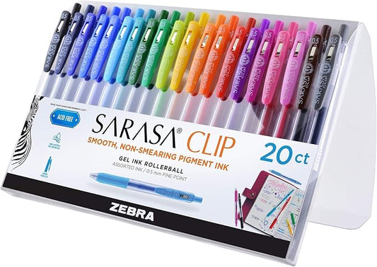 Zebra Pen SARASA Clip Retractable Gel Pen, Rainbow Assorted Ink, 20-Pk