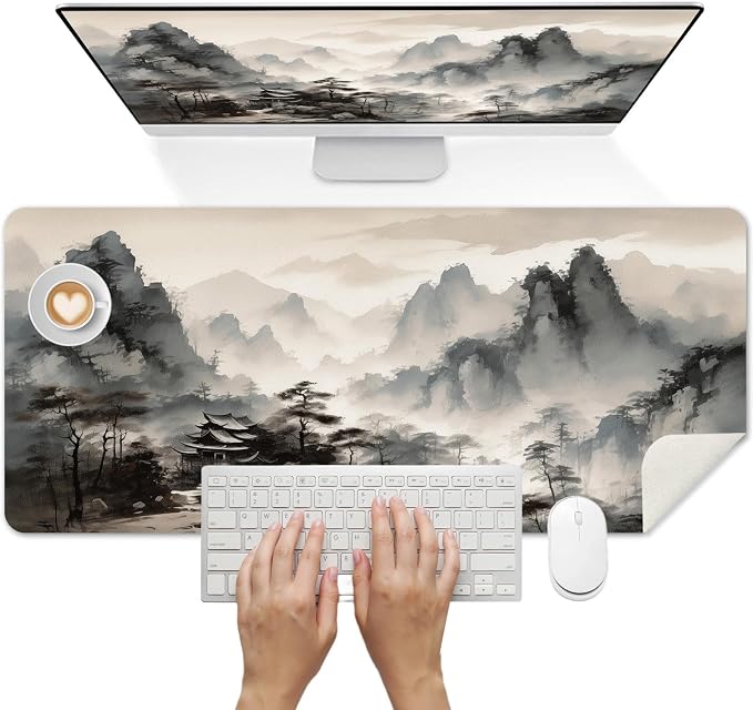Britimes Pine Trees and Mountains Desk Mat Black and White Ink Painting Deak Pad Non-Slip PU Leather Large Keyboard Mouse Pad Office Desktop Accessories for Office,Work,Home Decor(31.5"X15.7")