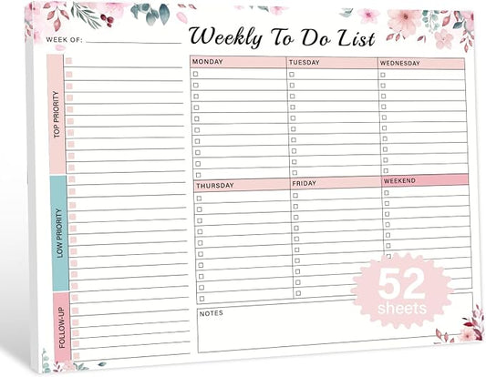 Weekly To Do List Notepad - 52 Undated Glue Bound Tear-Off Sheets (8.5"x11") for Desk Planning | Home, Work & School Organization Pad for Women & Men (Pink)