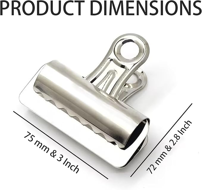 Extra Large Bulldog Clips, 6 Pcs, 3 Inch, Silver, 75 mm, Hinge Paper Clips, Metal Clamps for Crafts, Food Bags, Drawings, Photos