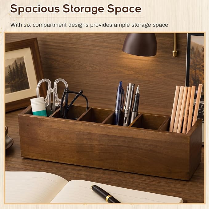 Jetec Wooden Pencil Pen Holder for Desk 6 Compartments Cosmetic Makeup Brush Stationery Office Desktop Organizers for Countertop Adjustable Silverware Caddy for Party, Home, Art Supplies(Walnut)