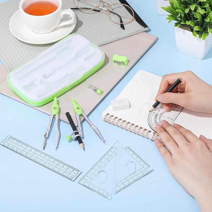 Zonon Math Geometry Set for Students 10 Pcs Compass Geometry Tools Kit Includes Protractor Compass Lead Refills Rulers Pencil Sharpener Eraser Pencil Storage Box for Drafting and Drawings(Green)