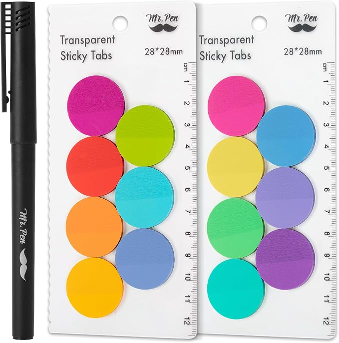 Mr. Pen- Round Transparent Sticky Notes, 1.1” Diameter, 14 Pads, 560 Sheets | Colorful, Water-Resistant See-Through Sticky Notes & Fineliner, Smooth Writing, Note Tabs for Bible Journaling, Studying