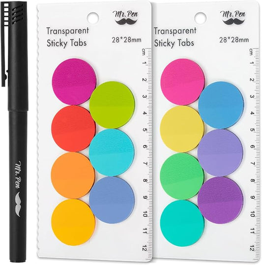 Mr. Pen- Round Transparent Sticky Notes, 1.1” Diameter, 14 Pads, 560 Sheets | Colorful, Water-Resistant See-Through Sticky Notes & Fineliner, Smooth Writing, Note Tabs for Bible Journaling, Studying