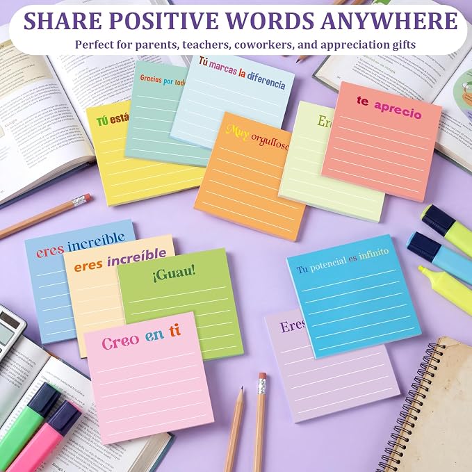 Yinder 24 Pcs Inspirational Sticky Notes, Back to School Supplies, Cute Motivational Sticky Notes Pad Employee Appreciation Gifts Bulk for Teacher Coworker Office 3 x 3'' (Spanish,Light)