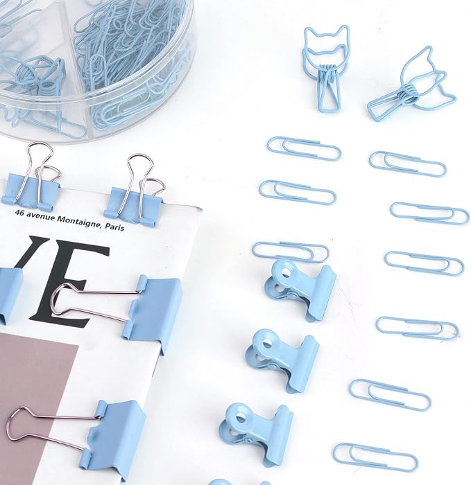 Paper Binder and Clips Set, Metal Assorted Sized Binders with Push Pins, Cute Office Supplies, Teacher Desk Must Haves, Cute Desk Accessories (72, Blue, 1 Pack)