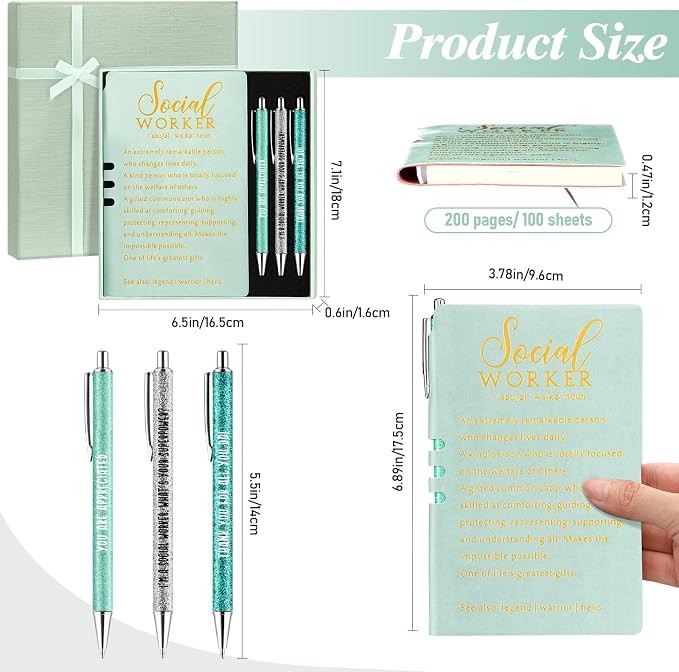 Resurhang 5 Pcs School Social Worker Must Haves Office Supplies Gift Leather Journal Notebook 3 Ballpoint Pens with Box Thank You Social Work Appreciation Gift for BSW MSW DSW(Green)