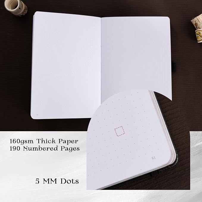 MGGAO Dotted Journal for Women Men, A5 Hardcover Dot Notebook | Aesthetic Notebook with 190 Numbered Pages, 160 GSM Thick Paper, Golden Edges, for Writing, Note Taking, Journaling