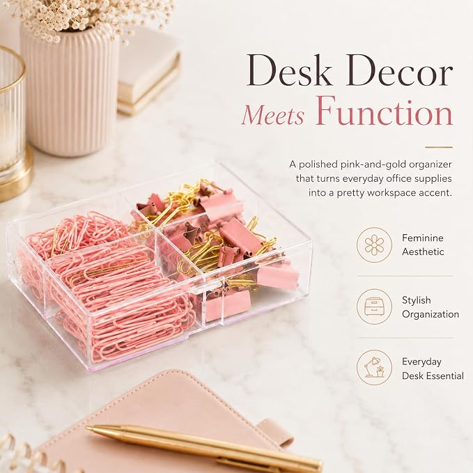 Pink and Gold Paper Clips Binder Clips Set with Storage Box, 165 Psc, Assorted Size Decorative Office Clips, Cute Desk Accessories for School, Home Office, Planner, Journal and Documents