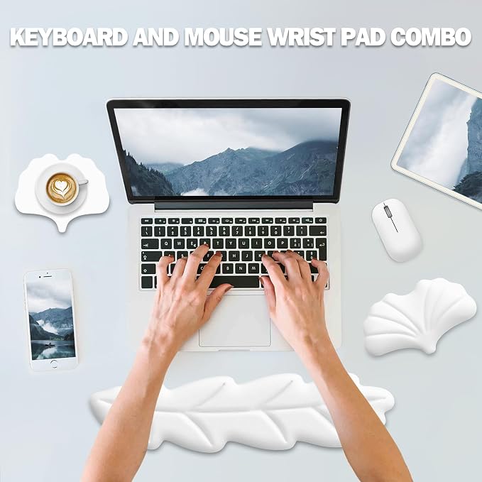 Keyboard Wrist Rest Pad Set, Leaf Shape PU Leather Memory Foam Wrist Cushion Support,Mouse Wrist Rest Pad,Non-Slip Wrist Support for Easy Typing Pain Relief, White Leaf