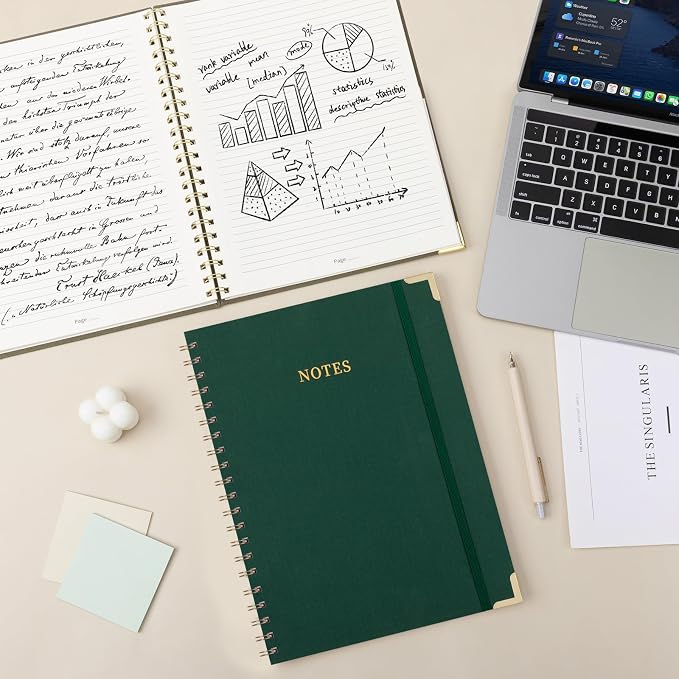 ALKALO A4 Large Spiral Notebook Journal, (8.5×11'') 100 Pages Linen Hardcover College Ruled Journaling For Work & Note Taking Thick Spiral Journal For Writing Daily Journal For Women & Men- Green