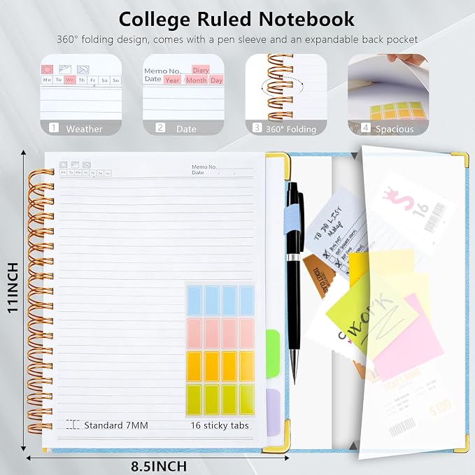 Hardcover Spiral Notebook College Ruled, 8.5"x11" Leather Journal Notebook with Magnetic Closure, 300 Pages 5 Subject Notebook with Dividers Tabs Journal for Women Men, Work, School(Light Blue)