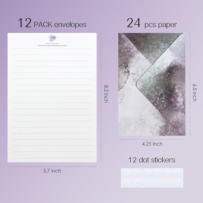 Tuhangcc Stationary Paper Set Minimalism - Hand Blended Colors, 12 Envelopes (4x6 in) & 24 Lined Paper for Wedding Love Letters, Invitations, Anniversaries (Smoky Lavender)