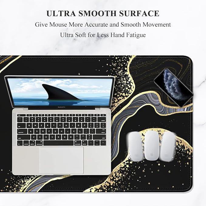 Auhoahsil Extended Mouse Pad, XXL Desk Pad Gaming Mousepad, Large Big Laptop Computer Keyboard Desk Mat with Non-Slip Base Stitched Edge for Gaming Office Men Women, 35.5 x 15.7 in, Black Marble