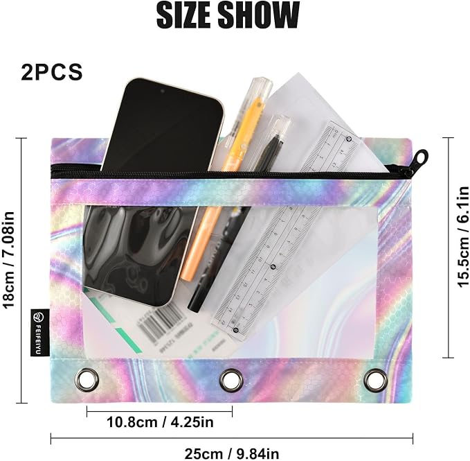 ALAZA Pencil Pouch for 3 Ring Binder, Holographic Rainbow Gradient Swirl Tie Dye Binder Pencil Pouches with Clear Window Zipper Pencil Case Cosmetic Bags for Office College Supplies, 2PCS