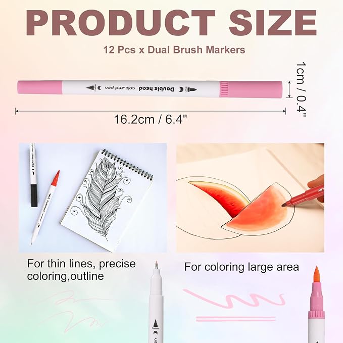 PATIKIL 12Pack Dual Brush Markers, Neon Pink Watercolor Fine and Brush Tips Pens Colored Marker Calligraphy Coloring Art Supplies Set for Coloring Book Illustration Sketching Journaling