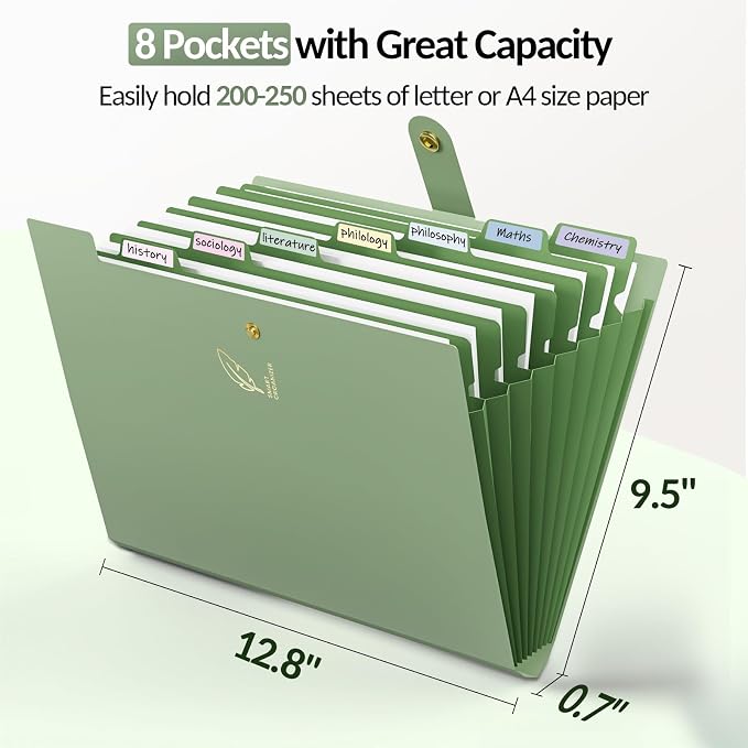 Sooez Aesthetic 8 Pocket Accordion File Organizer, Pastels Expanding File Folder for Important Document with Labels, Portable Receipt Bill Organizer for Office School Supplies, Letter Size Light Green