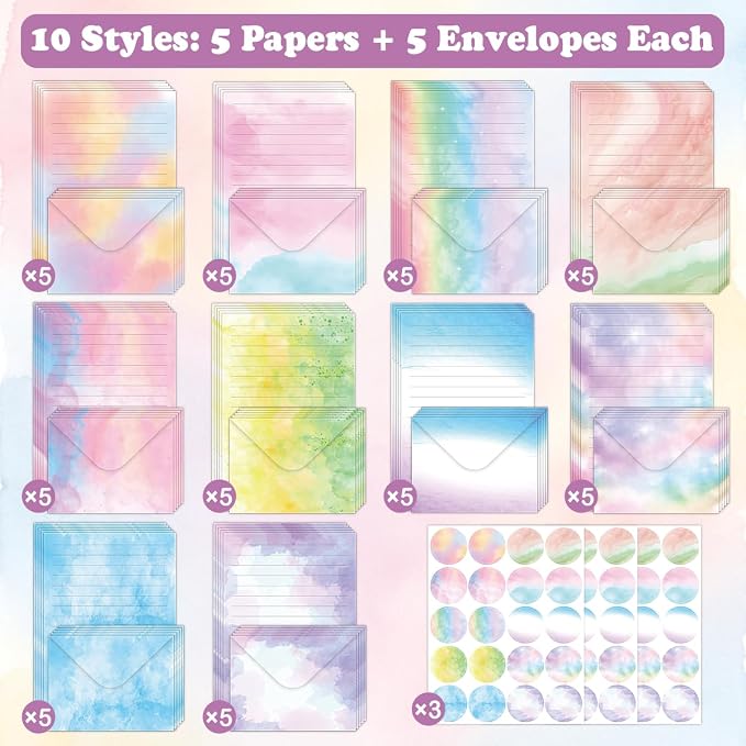 FUNCLASS 160 Pcs Stationery Set Letter and Envelopes Watercolor | 50 Lined Stationery Paper and 50 Matching Envelopes , 5.5 x 8.25 Inches Letter Writing Stationery for Home, Office, School