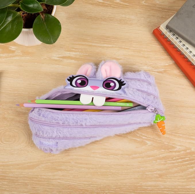 ZIPIT Bunny Pencil Case for Girls, Cute Zipper Pouch for Kids Teens, Stationery Bag for School,Purple