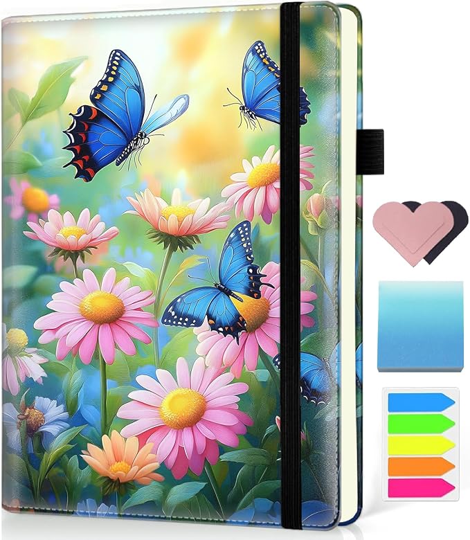 Hardcover Executive Notebooks, A5 PU Leather Lined Journal Notebook, 200 Pages Thick Paper Subject Notebooks for School,Work,Home Writing Business Notebook, Diary Book ，Blue Butterflies and Flowers