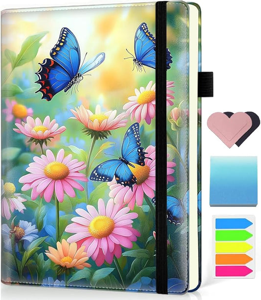 Hardcover Executive Notebooks, A5 PU Leather Lined Journal Notebook, 200 Pages Thick Paper Subject Notebooks for School,Work,Home Writing Business Notebook, Diary Book ，Blue Butterflies and Flowers
