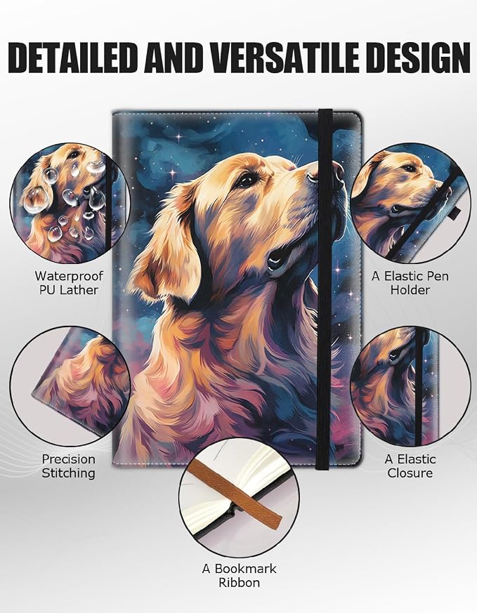 Hardcover Executive Notebooks, A5 PU Leather Lined Journal Notebook, 200 Pages Thick Paper Subject Notebooks for School,Work,Home Writing Business Notebook, Diary Book ， Golden Retriever Dog