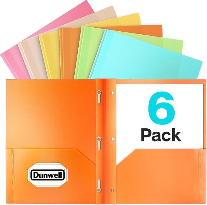 Dunwell Pastel Folders with Prongs (6 Pack), Aesthetic Back to School Supplies, 2 Pocket 3-Prong Color-Coded Plastic Folders for School, Labels Included