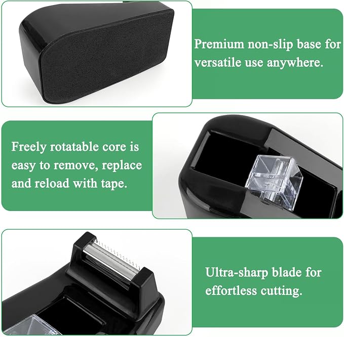 Desktop Tape Dispenser with 15 Rolls Transparent Tape, Black Desk Tape Dispenser for Home Office School, Tape and Dispenser Set for Light Duty Packaging Arts Crafts Note Repair Everyday Use
