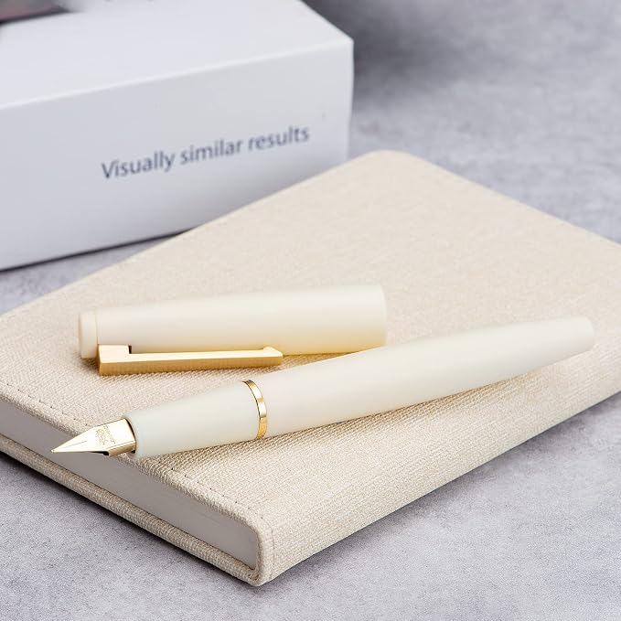 Jinhao 80 Ivory White Fiber Brushed Fountain Pen, Iridium Extra Fine Gold Nib with Ink Converter, Classic Design Smooth Writing Pen (Gold Clip)