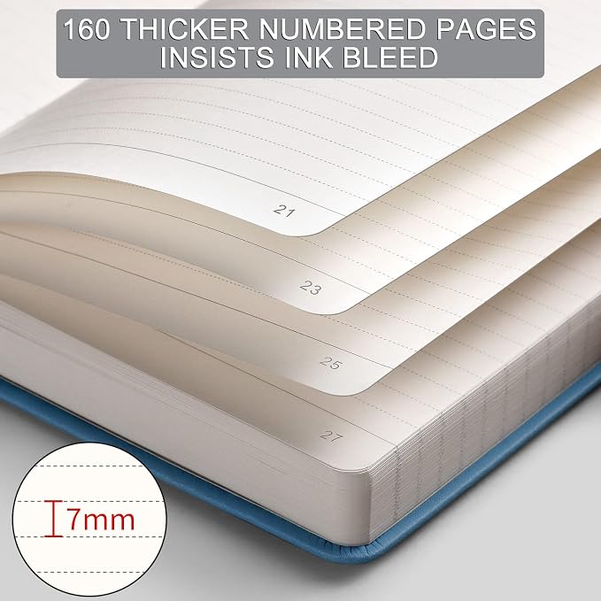 AHGXG Lined Journal Notebook, 320 Numbered Pages, A5 (5.75'' X 8.38'') | Thick Lined Notebook for Note Taking, 100GSM Paper, Leather Hardcover, for Women Men (Light Blue)