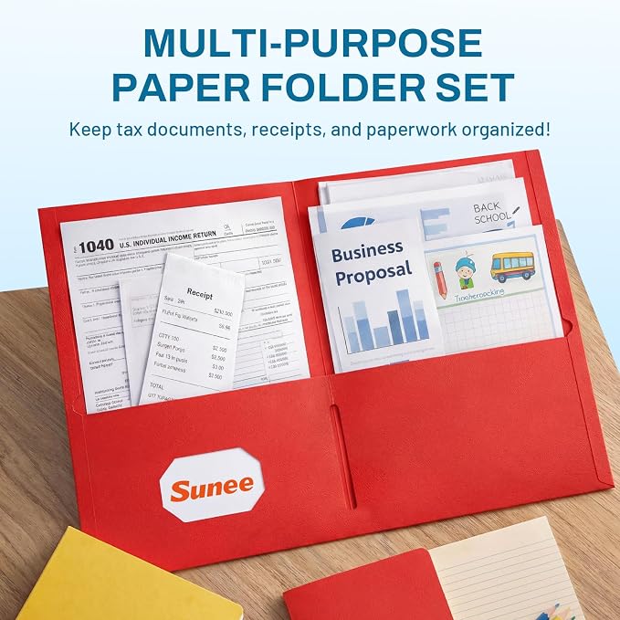 SUNEE Two Pocket Folders, 100 Pack File Folders with Business Card Slot, Assorted Colors, Textured Paper, Fit Letter Size Paper, Paper File Folder for School Office Home Business