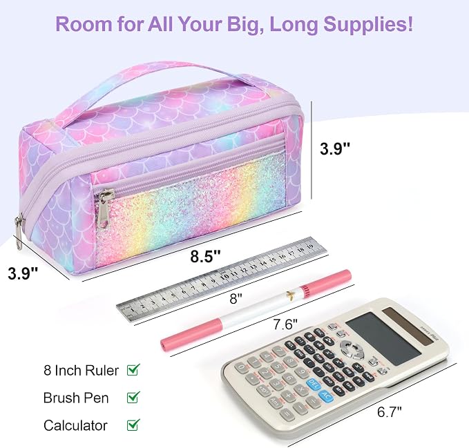 Large Pencil Case for Girls, Aesthetic Pencil Pouch for School, Wide Opening Organizer Box with Handle, Fits 50 Pens & Markers (Glitter Purple Mermaid) | Kids Pencil Case & Wide Handle, Water Resistent Organizer Box,Fits 50 Pens & Markers, Daily Use, G...