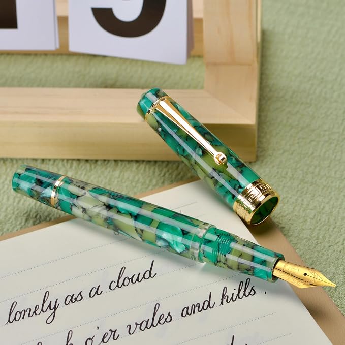Asvine P20 Piston Fountain Pen, Stub Nib 1.1mm Calligraphy Art Drawing Green Marble Acrylic with Case Set