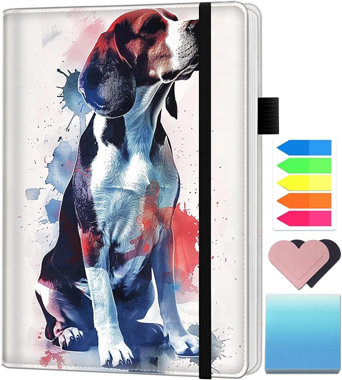 A5 Leather Lined Journal Notebook, 200 Pages Hardcover Executive Notebook for Men Women Office School Note Taking, Thick Writing Paper Daily Journal with Bookmarks/Indexes, Beagle Watercolors
