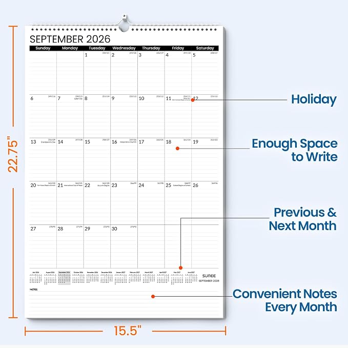 SUNEE 2026-2027 Wall Calendar Large 22.75"x15.5", 21 Month July Calendar (Ends March 2028), Vertical Extra Large, Black Minimalism