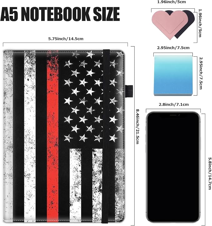 Hardcover Executive Notebooks, A5 PU Leather Lined Journal Notebook, 200 Pages Thick Paper Subject Notebooks for School,Work,Home Writing Business Notebook,Patriotic Firefighter Red Line Flag