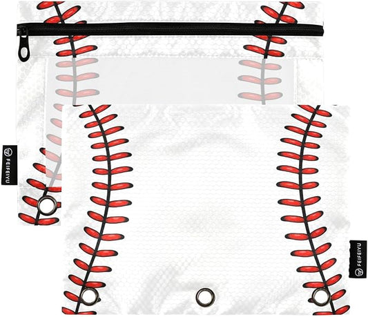 Gredecor 3 Ring Binder Pencil Pouch, Ball Softball Basebal Laces (3) Zippered Pen Case Pouches with Clear Window, 2 Pack Stylish Office & School Supplie
