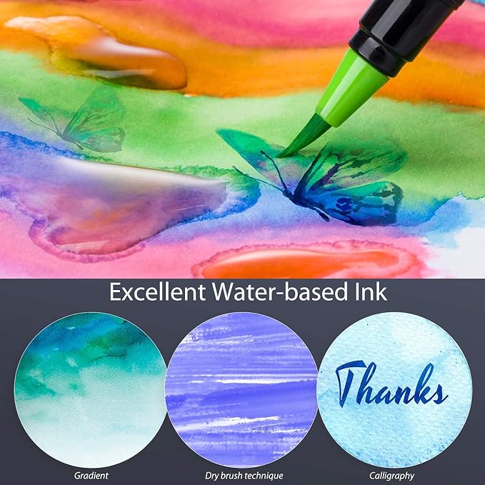 Professional Watercolor Brush Markers Pen 48 Colors of Ohuhu, Water Based Drawing Marker Brushes W/A Blending Aqua Pen, Water Soluble for Adult Coloring Books Comic Calligraphy