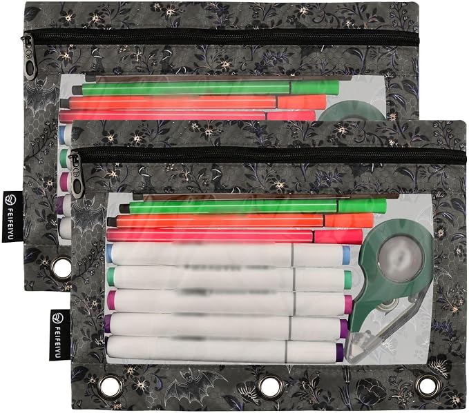 Goth Bats Pencil Pouches for 3 Ring Binder, Zipper Binder Pencil Case, 2 Pack Clear Window Case Bag for Office Organizers