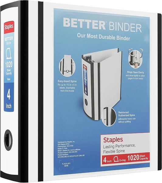 Staples Better Binder 4 Inch 3-Ring Binder, White, Wide Spine View Binder with Locking Rings, Large-Capacity Durable Office Binder, 2 Pack