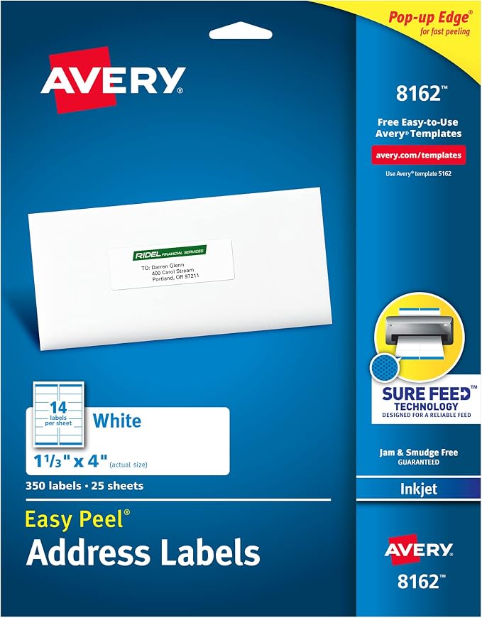 Avery Easy Peel Printable Address Labels, Sure Feed Technology, 1" x 4", White, 350 Blank Mailing Labels (08162)