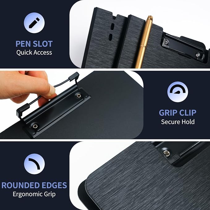 Clipboard Folder, with Dual Metal Clips, Embossed-Texture, Folding 360° Rotating, Nursing Clipboard for Letter and A4, Pen Holder (Black, 1)