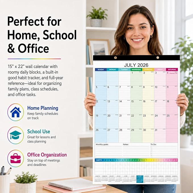 Large Wall Calendar 2026-2027, 18-Month Wall Calendar from July 2026 to December 2027, 15" x 22" 2026 Wall Calendar with Spacious Blocks, Julian Dates, Habit Tracker & Full-Year Reference for Home Office School Colorful